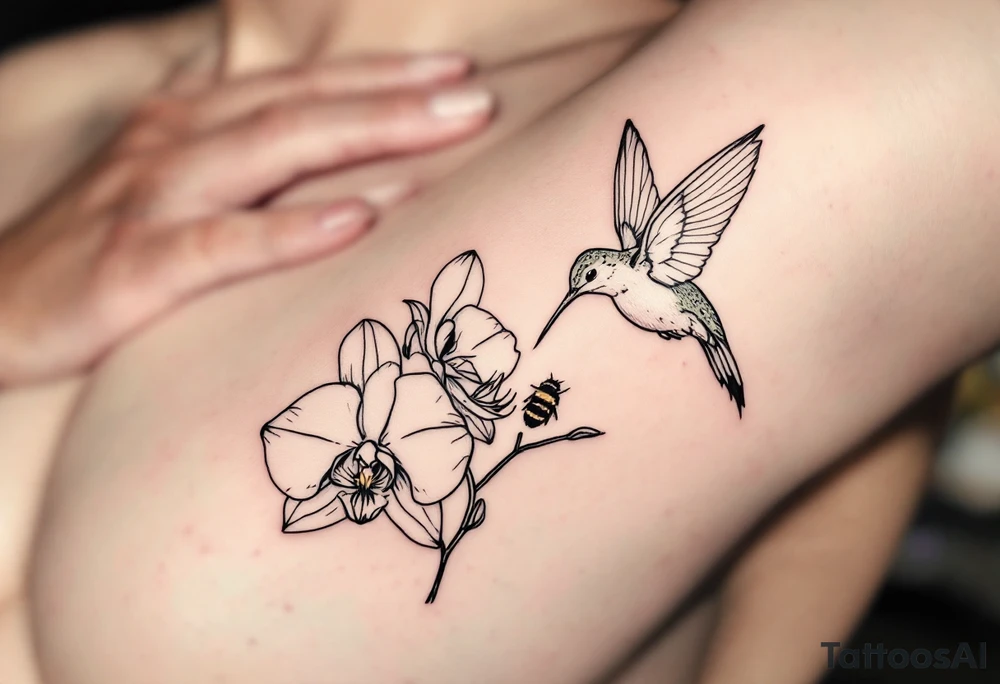 A delicate, black and white fine-line tattoo for male, featuring gracefully detailed 2 orchids in full bloom including their stems, with soft, intricate petals and elegant curves. Beside it, a hummingbird hovers mid-flight, its wings drawn with subtle motion lines, its slender beak reaching toward the orchid’s center to drink its nectar. on the other flower there is a bee that is resting tattoo idea