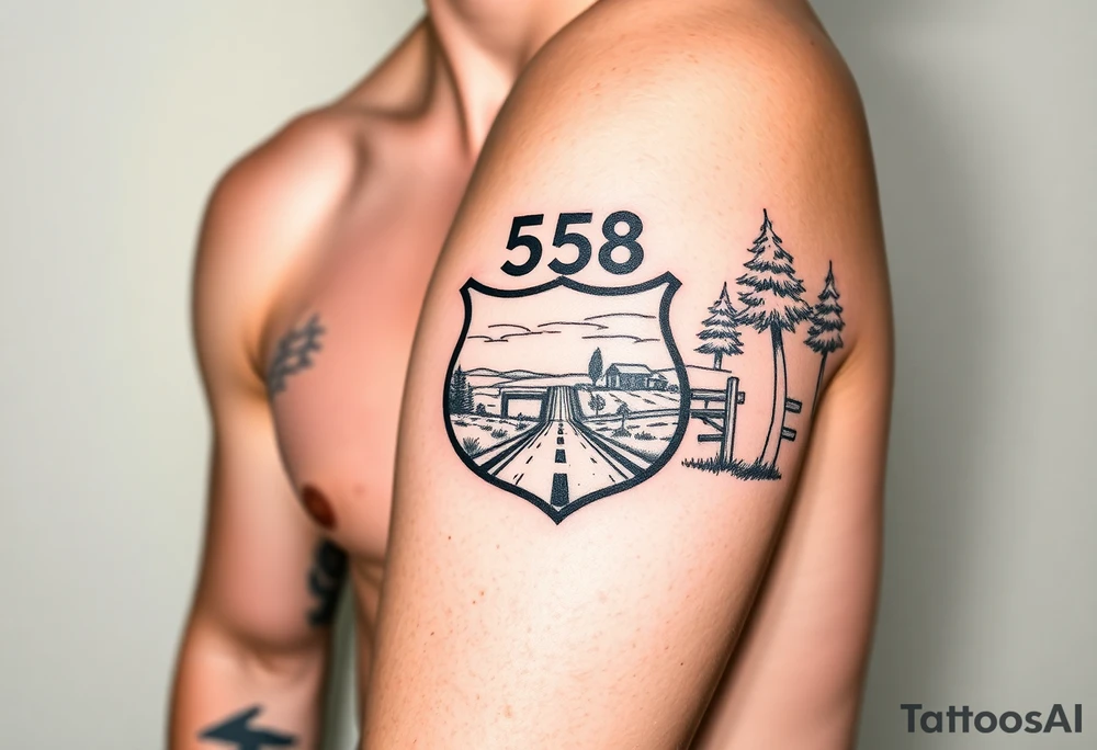 Arm sleeve small State Route sign 558, with trees all around and farm in background, road w/ view facing up the arm tattoo idea