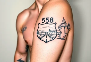 Arm sleeve small State Route sign 558, with trees all around and farm in background, road w/ view facing up the arm tattoo idea