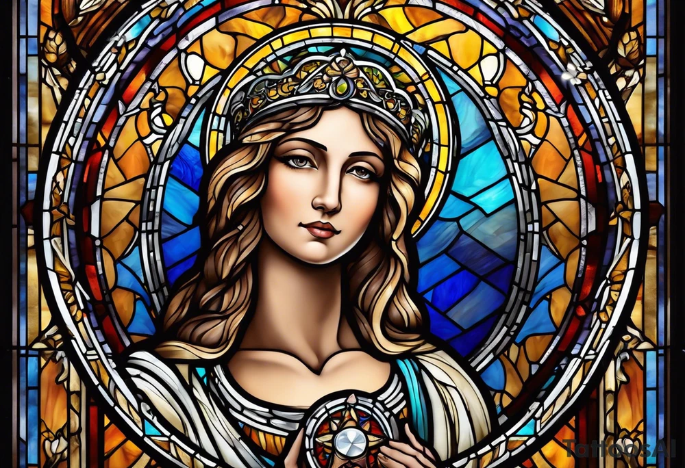 holy saint woman with halo stained glass holding a chalice tattoo idea