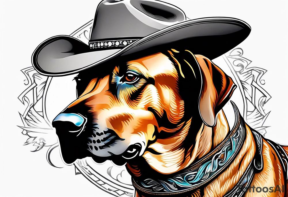 Rhodesian ridgeback wearing a cowboy hat looking straight on tattoo idea