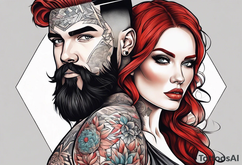 Busty Red haired woman with black haired bearded man tattoo idea