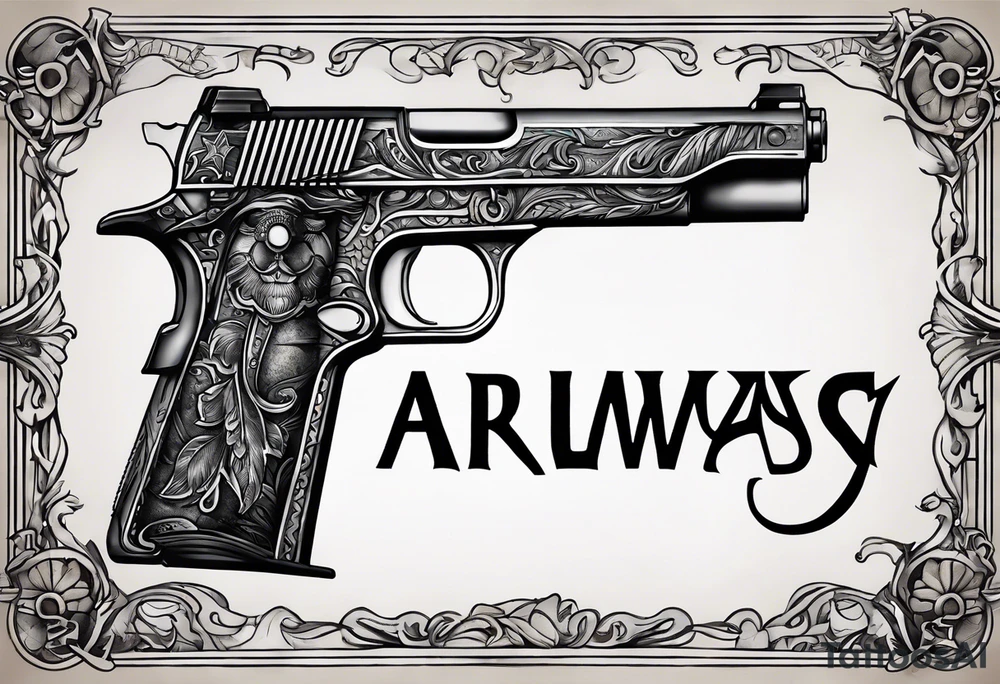 The letters AR with a pistol on each side and the word always on the top and ready on the bottom tattoo idea