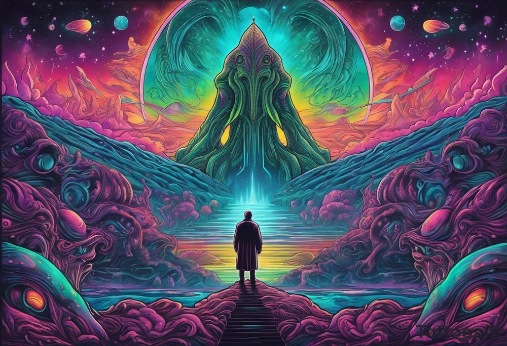 Full Back, synthwave, colossal Alien entities and space stuff, small human on The foreground in awe of The sheer scale of The infinite universe, More absurdist Aliens, Cthulhu-esque Alien pope tattoo idea