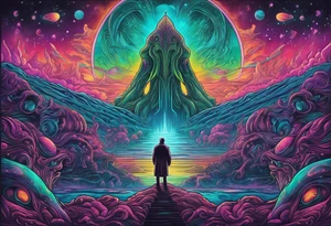 Full Back, synthwave, colossal Alien entities and space stuff, small human on The foreground in awe of The sheer scale of The infinite universe, More absurdist Aliens, Cthulhu-esque Alien pope tattoo idea