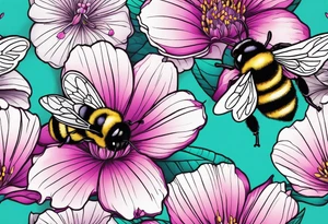 A beautiful detailed pink, purple, and teal Hawaiian jasmine flower with 2 tiny adorable baby bumblebees landing on the petals tattoo idea