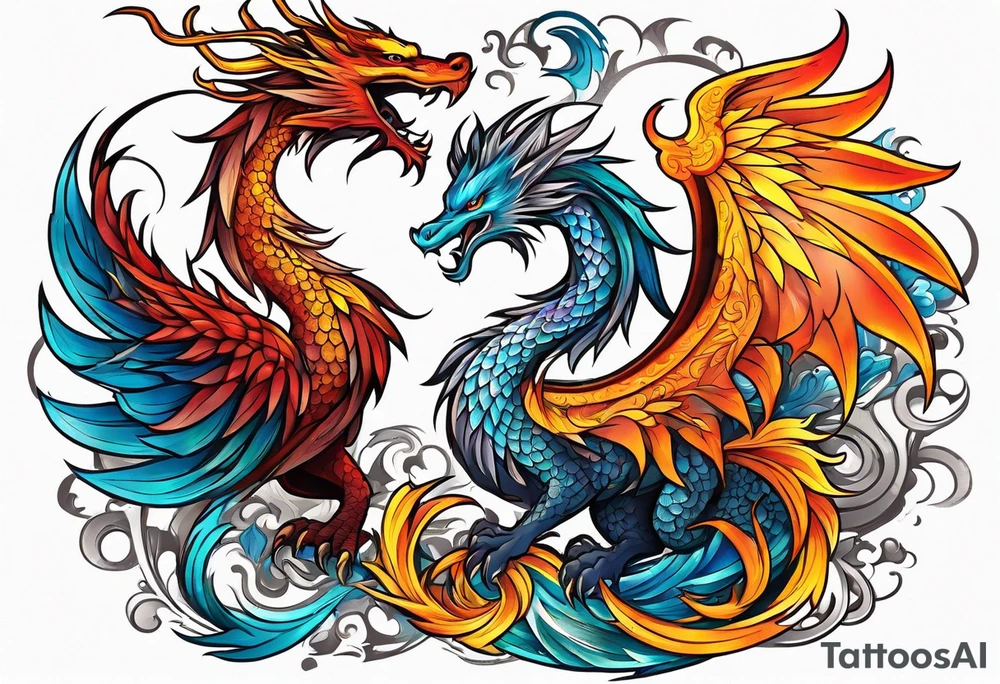 majestic  dragon and phoenix  in harmony and balance tattoo tattoo idea