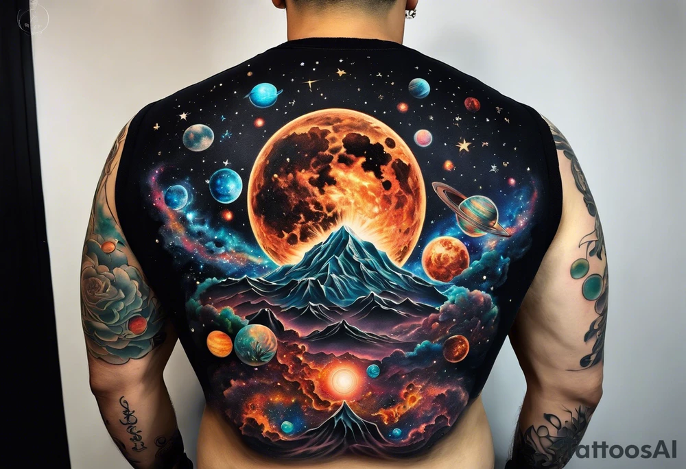 A tattoo featuring a cosmic scene with planets, black holes, and supernovae intertwined with intricate linguistic symbols, reflecting the client's interests in cosmology and linguistics. tattoo idea