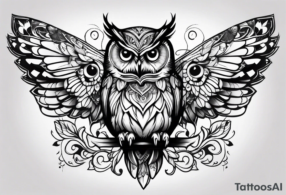 Owl with butterfly body tattoo idea
