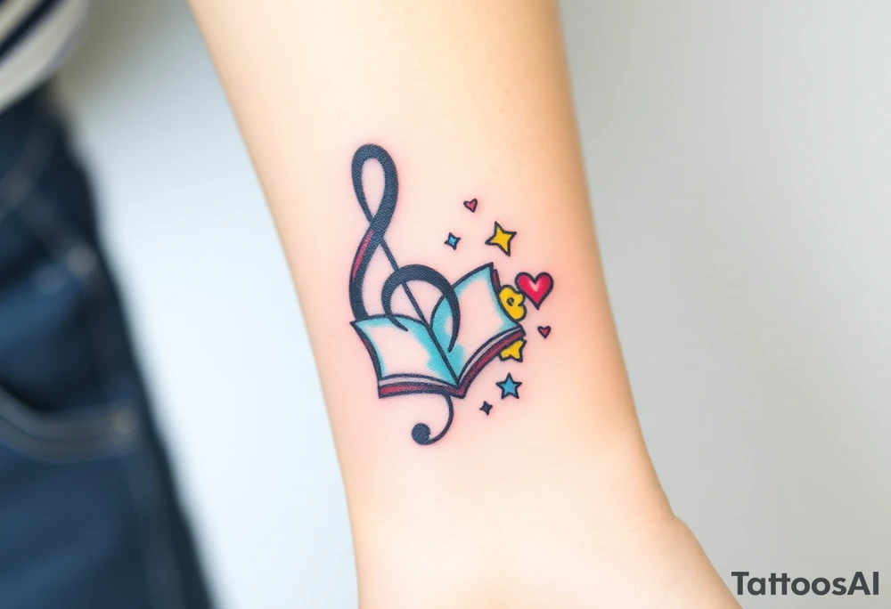 A swirl containing the Treble clef, book, dog paw, star, pokemon psyduck, heart tattoo idea