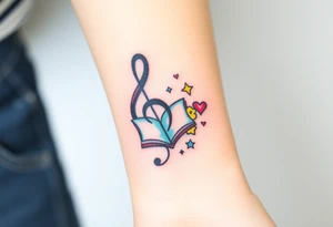 A swirl containing the Treble clef, book, dog paw, star, pokemon psyduck, heart tattoo idea