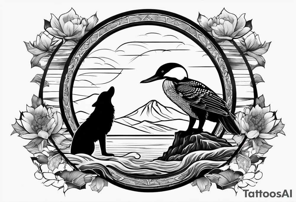 A loon perched on a wolf tattoo idea