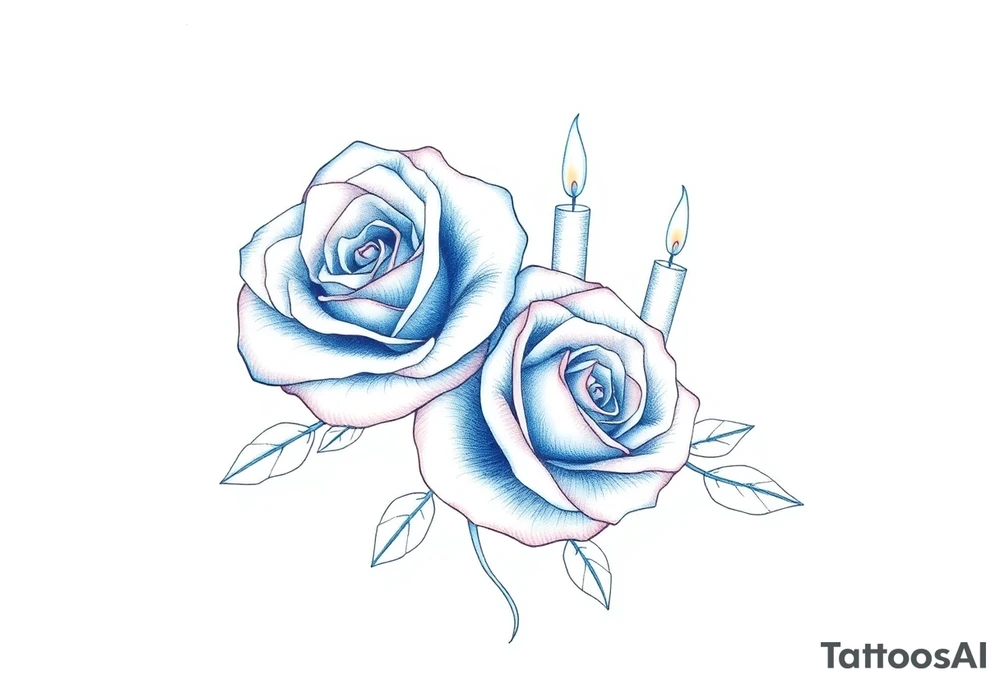 Two roses, two short candles, blue tattoo idea