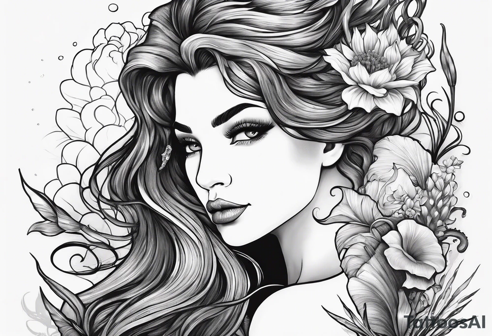 Mermaid face and half body looking at seahorse both on side profile. Trident near hair, horns coming from head. Flowers and reeds, tattoos on skin, big lips and eyes tattoo idea