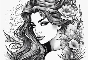 Mermaid face and half body looking at seahorse both on side profile. Trident near hair, horns coming from head. Flowers and reeds, tattoos on skin, big lips and eyes tattoo idea