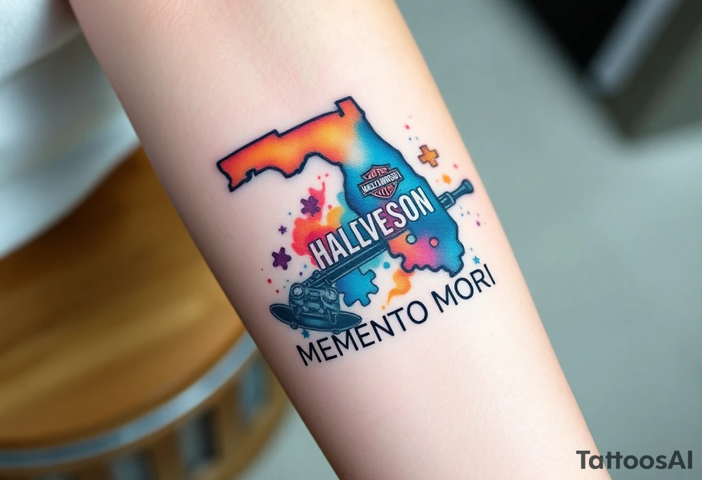 colorful futuristic memory tattoo for passed boyfriend; Florida, gulf coast water, Harley Davidson, skateboarding, puzzle pieces, video games, heaven, god, outdoors, guns, disc golf, words "MEMENTO MORI" tattoo idea