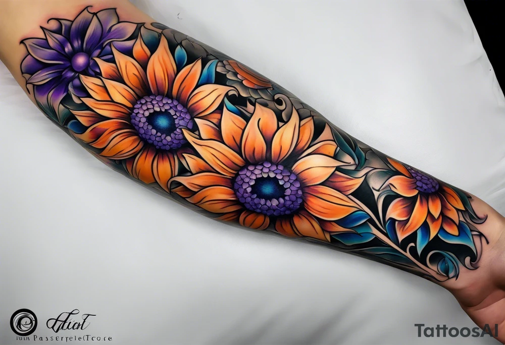 Full arm sleeve with purple, orange and blue sunflowers tattoo idea