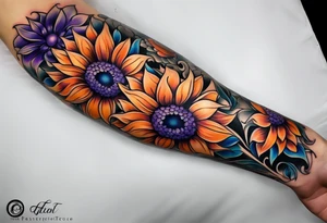 Full arm sleeve with purple, orange and blue sunflowers tattoo idea