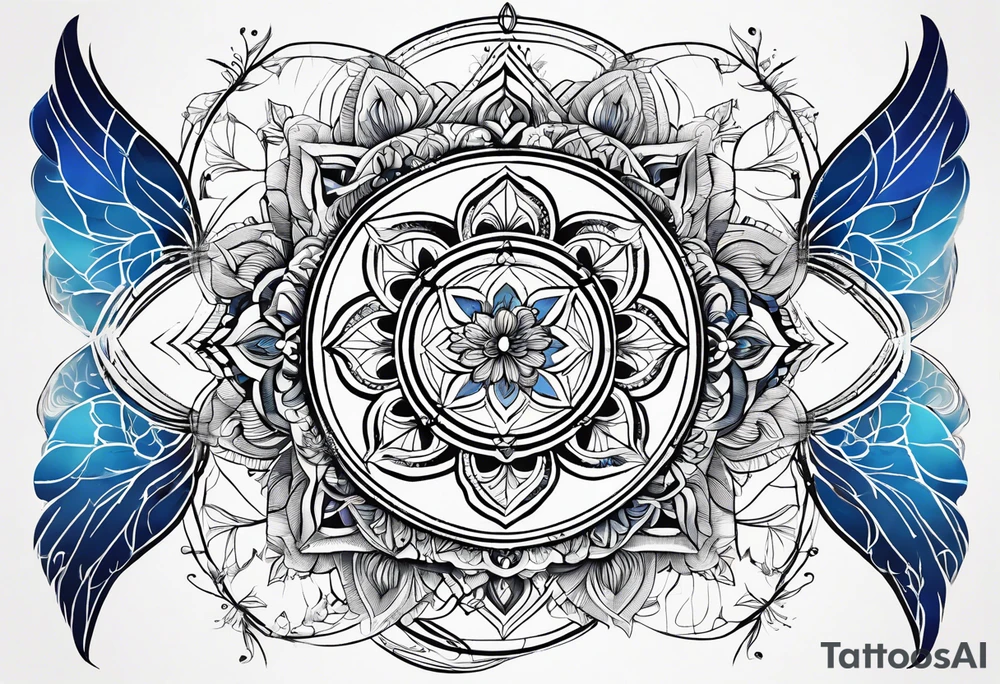 Linear minimalistic metatron , with abstract floral patern in blue linear design tattoo idea