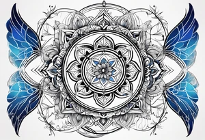 Linear minimalistic metatron , with abstract floral patern in blue linear design tattoo idea