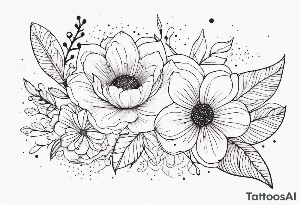 fine line floral with stars, swirls, dots tattoo idea