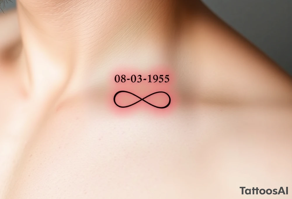 Quero uma tatuagem no antebraço, simples e elegante. O design deve começar com a data de nascimento do meu avô 08-03-1955escrita em vermelho, seguida de um símbolo de infinito em branco, com uma leve sombra ao redor para destacá-lo. O símbolo de infinito deve continuar numa linha reta, como se fosse um infinito sem fim. A linha deve ser discreta e uniforme, mantendo um estilo minimalista. tattoo idea