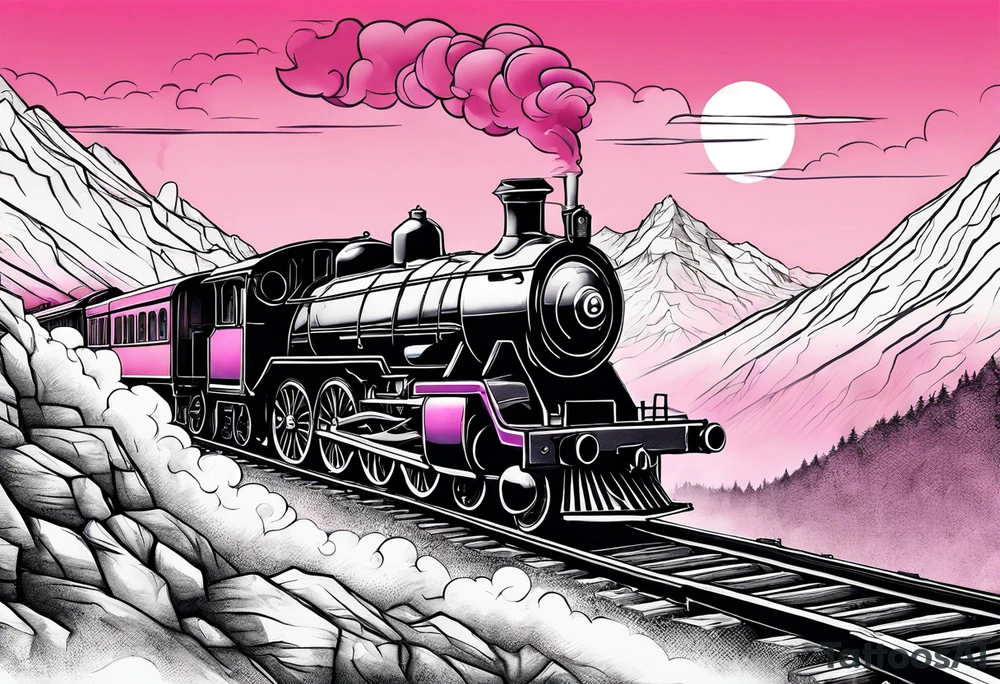 Mountain with steam train travelling down the mountain with pink horizon tattoo idea