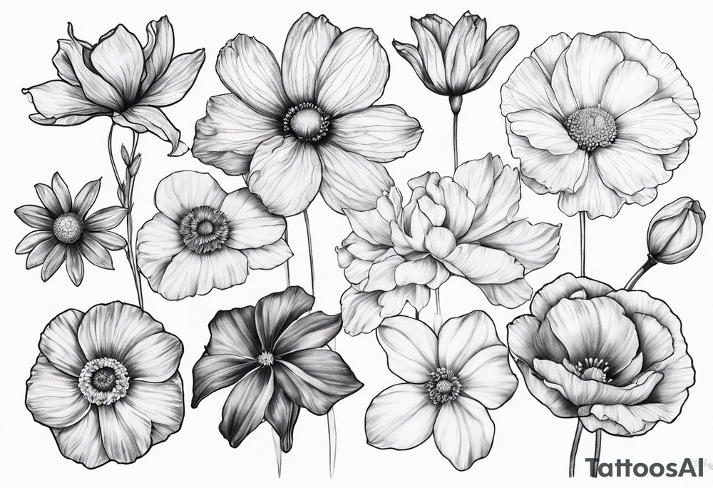 1 cosmos flower, 1 iris, 1 larkspur, 1 daisy, 1 poppy tattoo idea