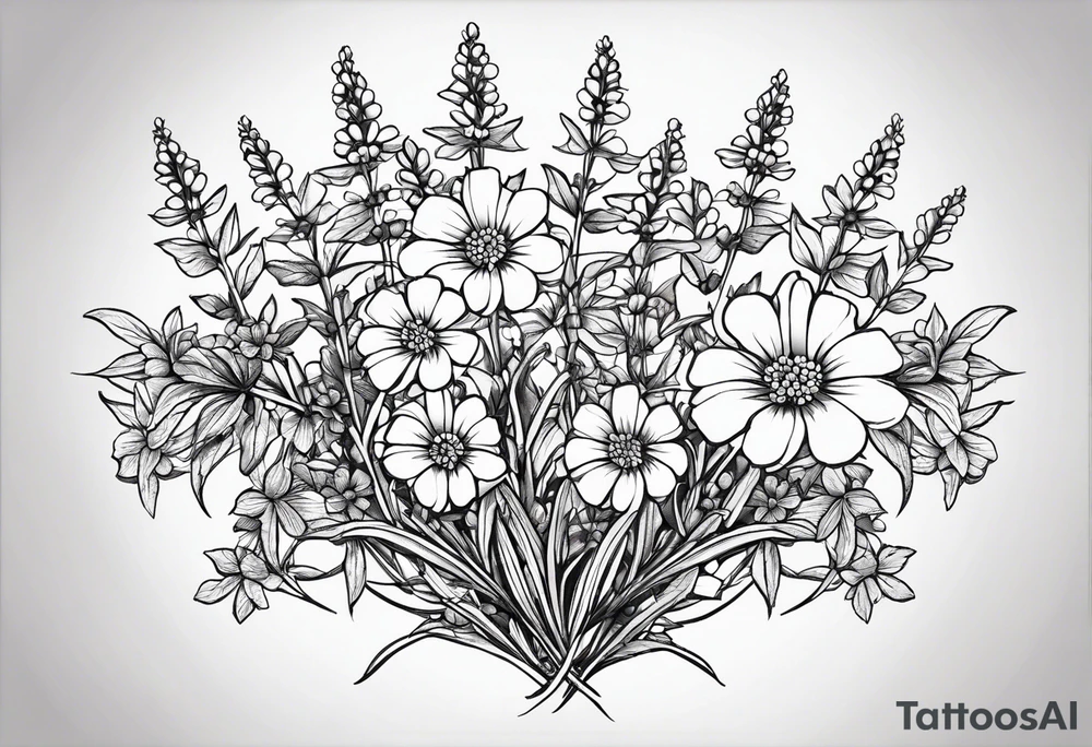 Generate a picture of Vervain (Verbena) flowers forming an oval shape with small leaves around them. tattoo idea