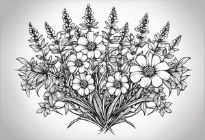 Generate a picture of Vervain (Verbena) flowers forming an oval shape with small leaves around them. tattoo idea