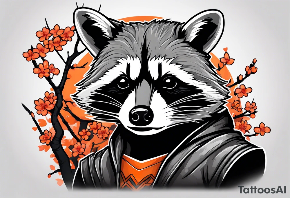 Raccoon wearing a white Superman logo on a black hoodie and orange Japanese cherry blossoms tattoo idea
