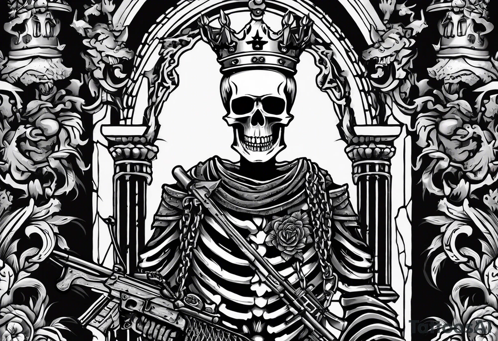 image of a skeleton standing frontally with a crown on his head, holding an AK-47 on his shoulder with his right hand. The chain on the left should be taut, there are three angry barking Dobermans in it, near the waist tattoo idea