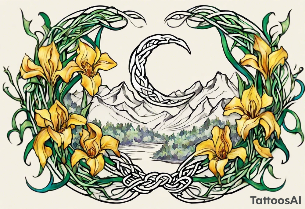 Create a small, colorful Vincent van Gogh Irises tattoo in the form of a crescent, with vines in Celtic knot style gracefully intertwining at a central point in the middle of the wreath. The intended placement is on the upper chest. The middle needs mountains. The overall design should be small in size while maintaining a delicate and artistic aesthetic. Pay attention to the graceful flow of the vines and the placement of the irises to achieve a refined and elegant look. tattoo idea