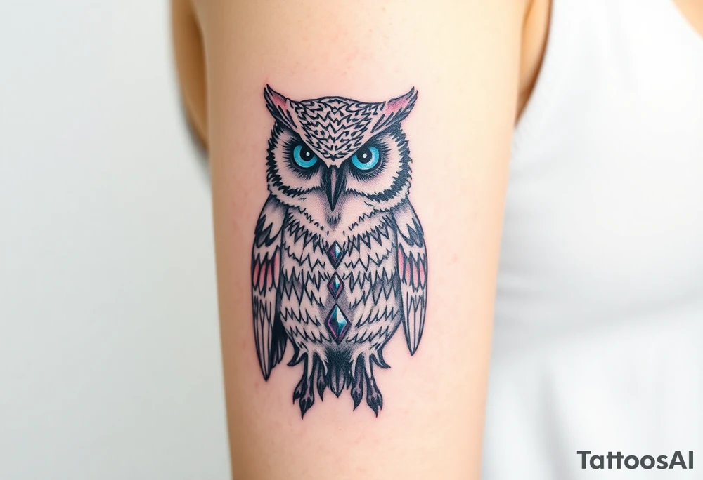 powerful, owl, front facing and piercing eyes, full body, blue or purple eyes, body having jewels tattoo idea