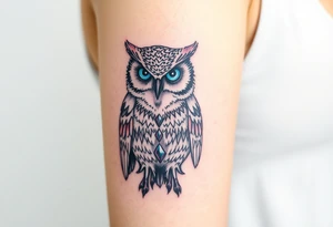 powerful, owl, front facing and piercing eyes, full body, blue or purple eyes, body having jewels tattoo idea