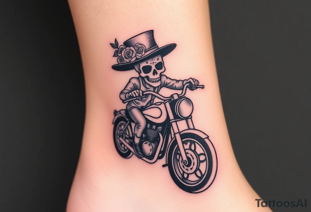 create an decorated "day of the dead skull" wearing a top hat with roses who is riding a retro motorcycle tattoo idea