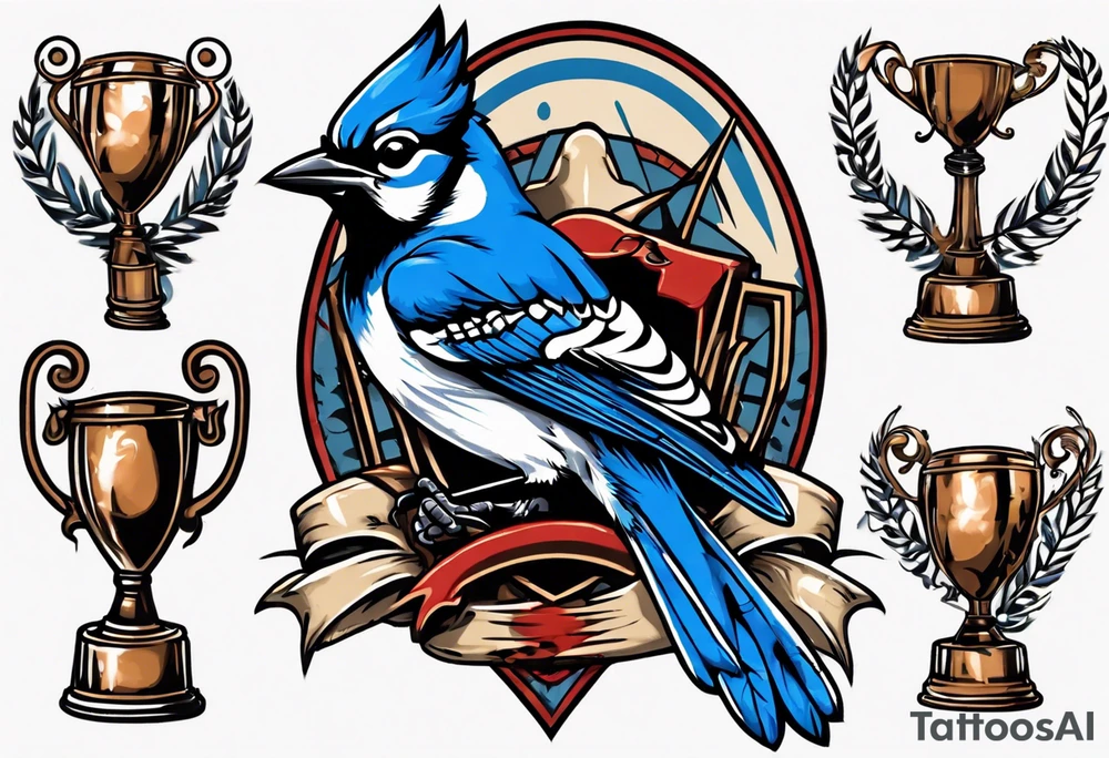 mean looking bluejay holding a trophy tattoo idea