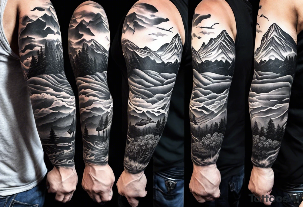 Men’s full arm sleeve. Rolling fields and mountains with 4 Great Dane dogs running in the field tattoo idea
