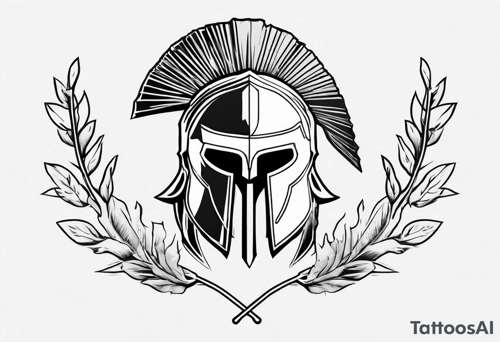 rectangular landscape format ultra-fine line linework vector of a spartan from the side, spartan spear, spartan shield, laurel wreath tattoo idea