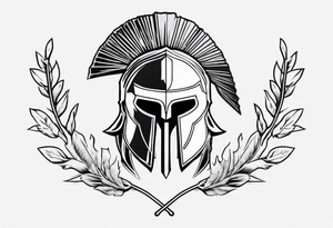 rectangular landscape format ultra-fine line linework vector of a spartan from the side, spartan spear, spartan shield, laurel wreath tattoo idea