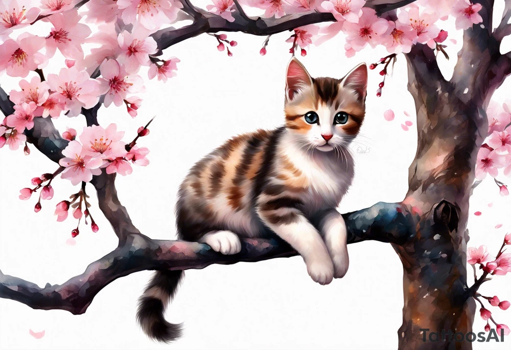 Generate a design to tattoo on my biceps where a graceful pink cherry blossom tree extends vertically, occupying the full height of 15cm, with delicate blossoms scattered along its slender branches coloured with a watercolor effect. Nestled among the branches, a small, playful kitten is perched, gazing curiously outward. The kitten's fur can have intricate details, highlighting its softness and playfulness. Surrounding the kitten and the tree, some petals could be gently falling, adding a dynamic and serene feel to the design. This vertical composition would elegantly fit your biceps, creating a charming and feminine piece of art. tattoo idea