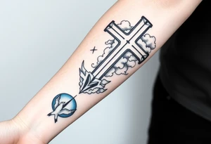 Big cross with clouds in the back with a dove a the bottom left of the forearm with a blue circle around it and the number 4 to the of the dove. cover the whole forearm tattoo idea