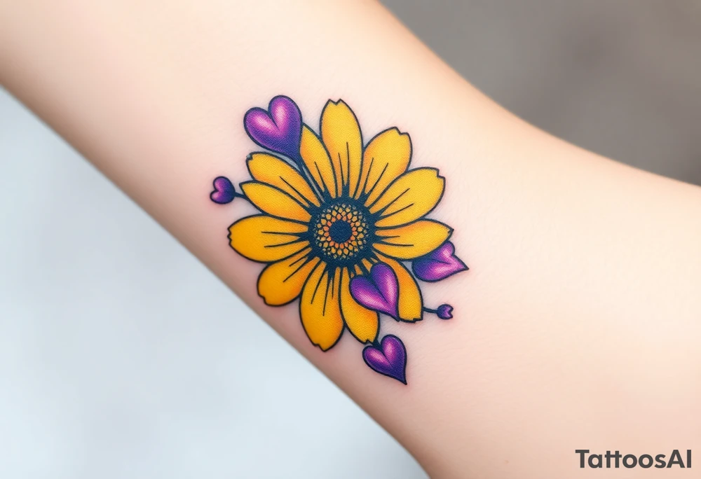 Yellow daisy flower with Purple Hearts tattoo idea