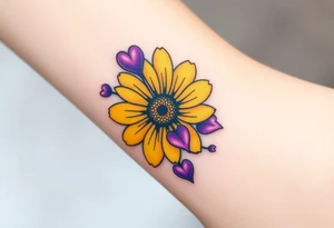 Yellow daisy flower with Purple Hearts tattoo idea