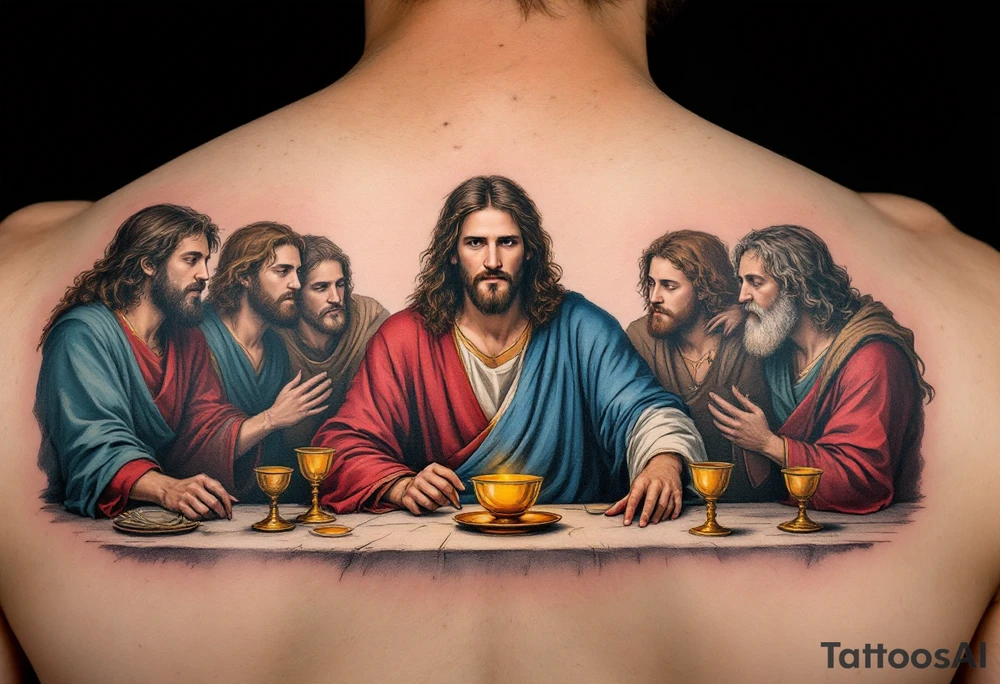 Jesus and the Apostles – A scene depicting Jesus seated at the Last Supper, with vibrant reds, blues, and earth tones representing His apostles. The golden chalice in front of Him symbolizes communion. tattoo idea