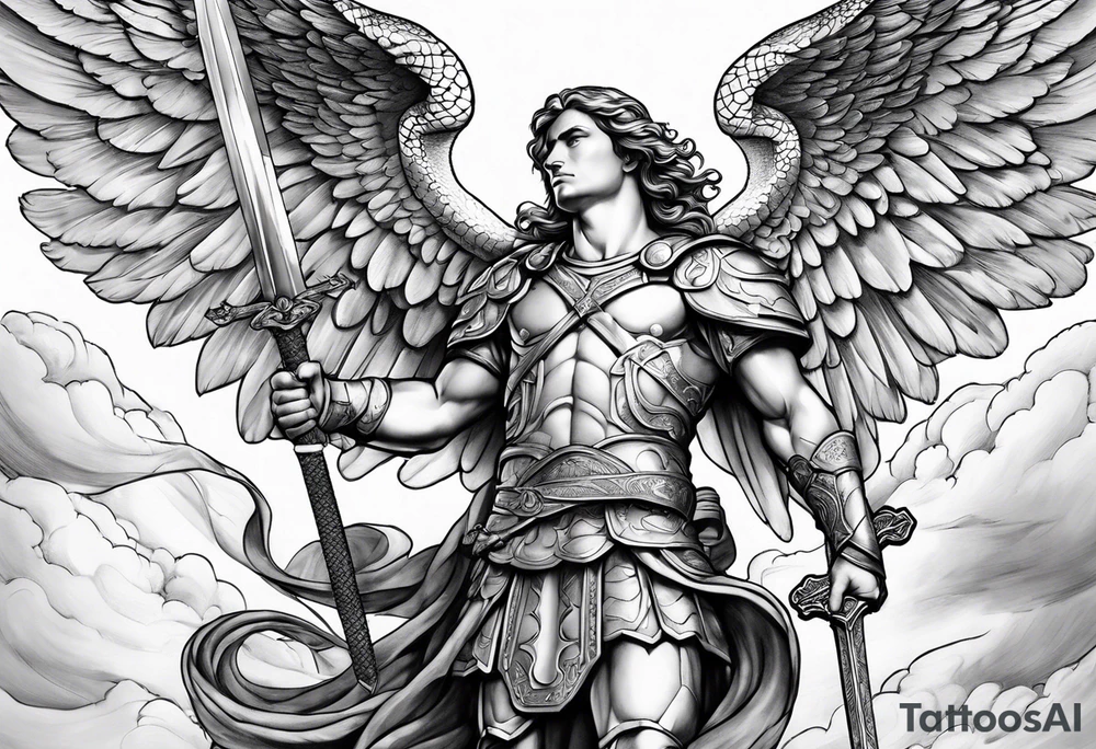 archangel Michael, sword, snake, bible verse, cross, clouds tattoo idea archangel Michael, sword, snake, bible verse, cross, clouds tattoo idea