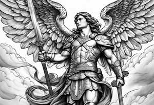 archangel Michael, sword, snake, bible verse, cross, clouds tattoo idea