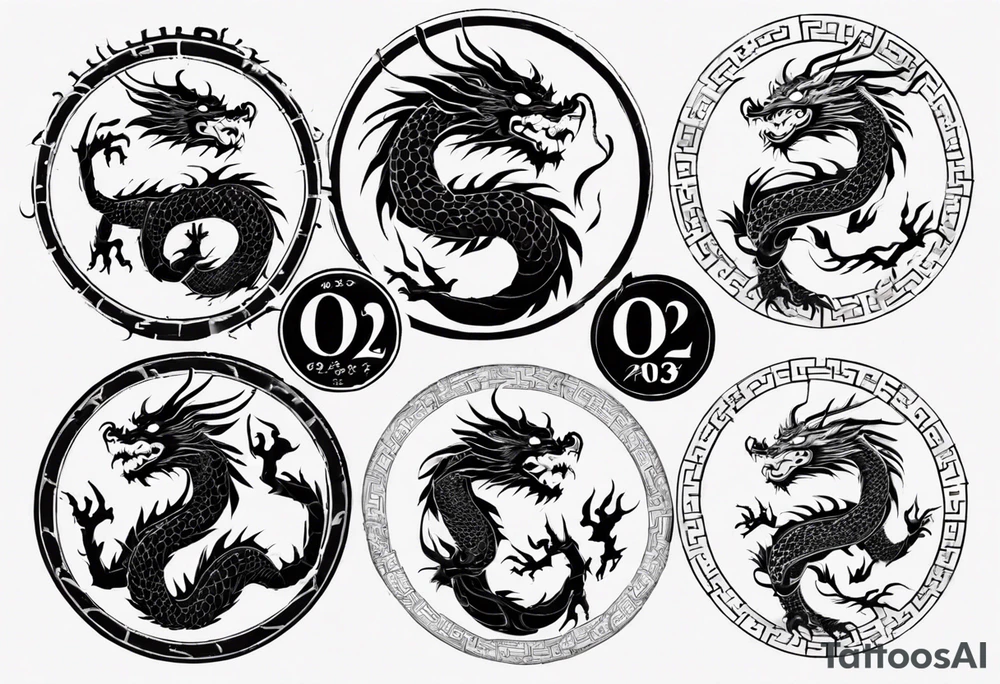 Chinese dragon in a circular shape with "02.03" written on its skin tattoo idea