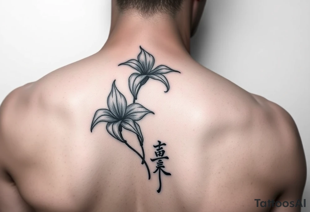 On the shoulder I want 3 spider Lillies flowers that are flown look royal think and long and at the end of the stem I want it to curl up and then at the bottom I want their to be a symbol in Chinese that means love tattoo idea