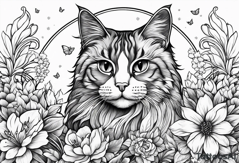 Cat looking up at a cardinal surrounded by flowers tattoo idea